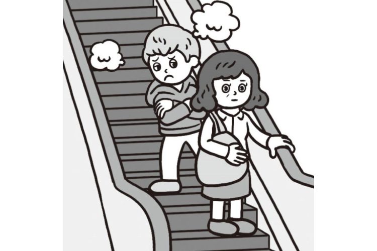 まじめな若者はエスカレーターに1列で乗る大人たちを、ちょっと引いた目で見ているという(イラスト/オオノマサフミ)